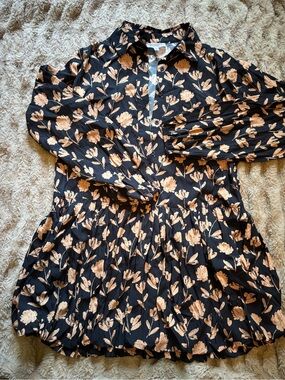 Button-Front Long Sleeve Floral Dress - Black with Beige Flowers